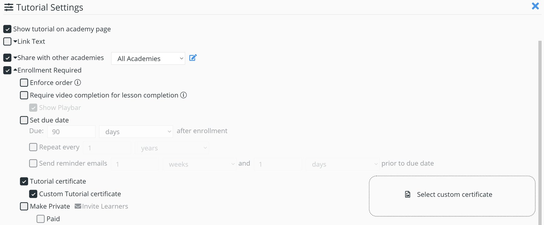 How do I add a custom certificate for specific tutorials?