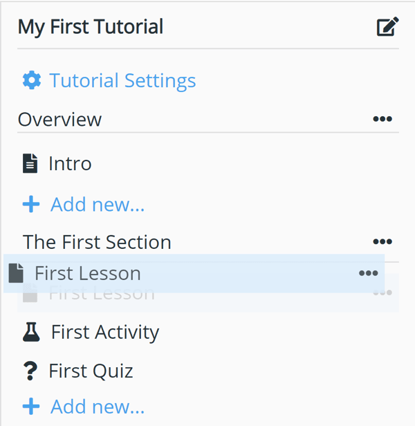 How do I reorder sections, lessons, sequences, activities, and quizzes?